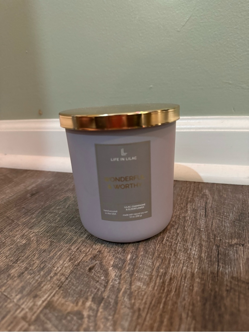 "Wonderful & Worthy" Lilac Scented Candle with Gold Lid